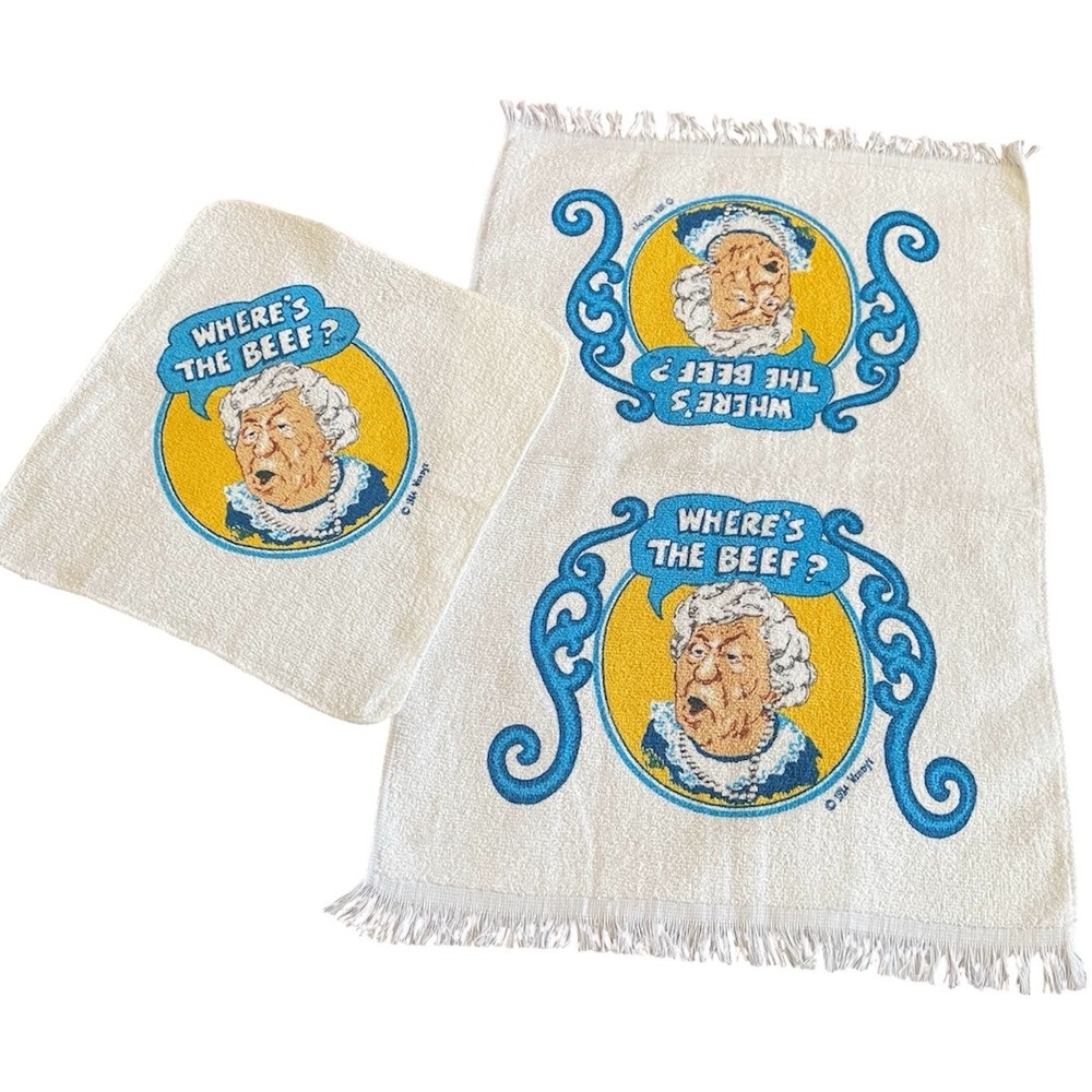 Vtg. 1984 Wendy's Washcloth & Towel Set "Where's the Beef" Fast Food Restaurant